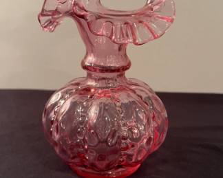 Vintage Fenton Pink Vase With Ruffle Top Beaded Glass