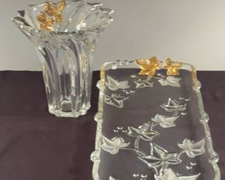 Mikasa Golden Ivy Leaf Crystal Vase And Serving Tray