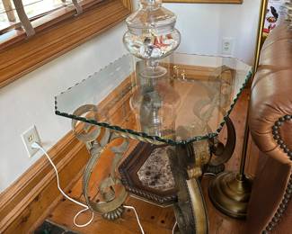 #21 - $100 - Wrought iron Side table with beveled glass top with marble inlay shelf 25wx28dx24t all three for $380