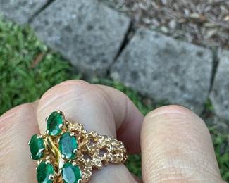 #J2 - 14kt yellow gold ring with 5 oval emeralds. Sz 7 3/4 $1,175