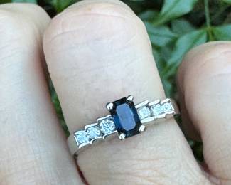 #J7 - $450 - 14kt white gold diamond ring & sapphire . Size 5 1/2 - 3.2 gr