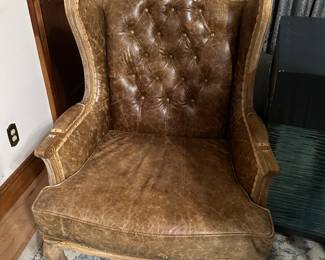 #115 - $220 - Leatherette wing back chair 2th burlap back aged to look old 6wx32dx41
