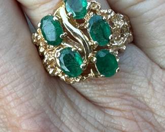 #J2 - 14kt yellow gold ring with 5 oval emeralds. Sz 7 3/4 $1,175