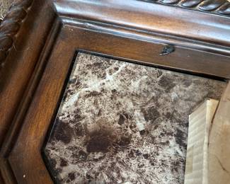 #19 - $150 - Wrought iron side table with beveled glass top with marble inlay shelf 50wx20dx27t - all three for $380