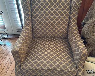 #48 - $150 - Pier one imports wing back chair brown and tan 27wx28dx47t
