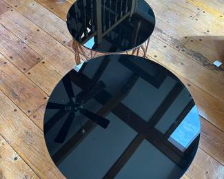 #23 - $60 - 2 -Drum style side tables with smoked glass tops18 - tall - wx24t - small - 16wx20t