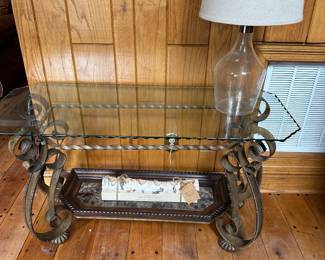 #19 - $150 - Wrought iron side table with beveled glass top with marble inlay shelf 50wx20dx27t - all three for $380
