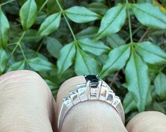 #J7 - $450 - 14kt white gold diamond ring & sapphire . Size 5 1/2 - 3.2 gr