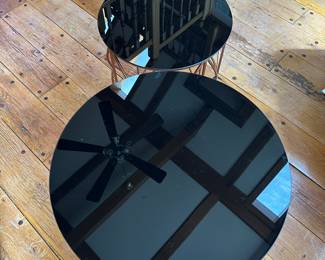 #23 - $60 - 2 -Drum style side tables with smoked glass tops18 - tall - wx24t - small - 16wx20t
