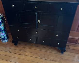 #38 - $360 - Chic Teak tall chest of drawers 18 drawers with brass pulls - 52wx16dx52t

