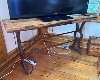 #26 - $350 - Farm table wood top wrought iron base 60wx20dx32t
