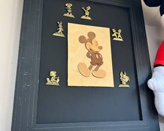 #126 - $90 - Wood inlaid art Mickey mouse & 6 gold pins 