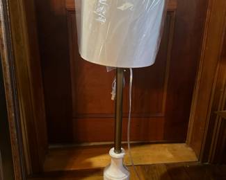 #78 - $50 - 2 - Old thyme pottery table lamps with white wood base32t