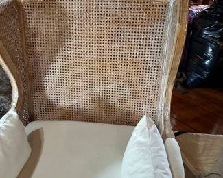 #92 - $450 - Linen and wicker chaise lounge with feather cushions 29wx54dx45t
