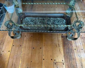 #20 - $180 - Wrought iron coffee table with beveled glass top & marble inlay shelf 50wx30dx19t all three for $380
