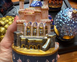 #131 - $200 - Collection of 4 Disney 50th Anniversary Christopher Radko Ornaments Animal Kingdom Tree of Life, Epcot Ball, Hollywood Tower of Terror and a beautiful Magic Kingdom Castle