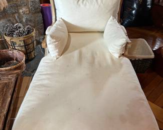 #92 - $450 - Linen and wicker chaise lounge with feather cushions 29wx54dx45t
