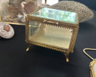 Vintage Footed Gold Tone Metal and Beveled Glass Vanity Box