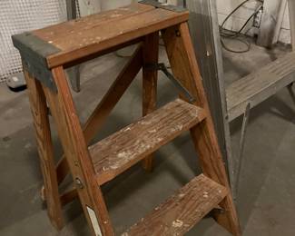 Wooden step stool, metal ladder