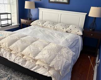 Bed , bedding, night stands & lamps