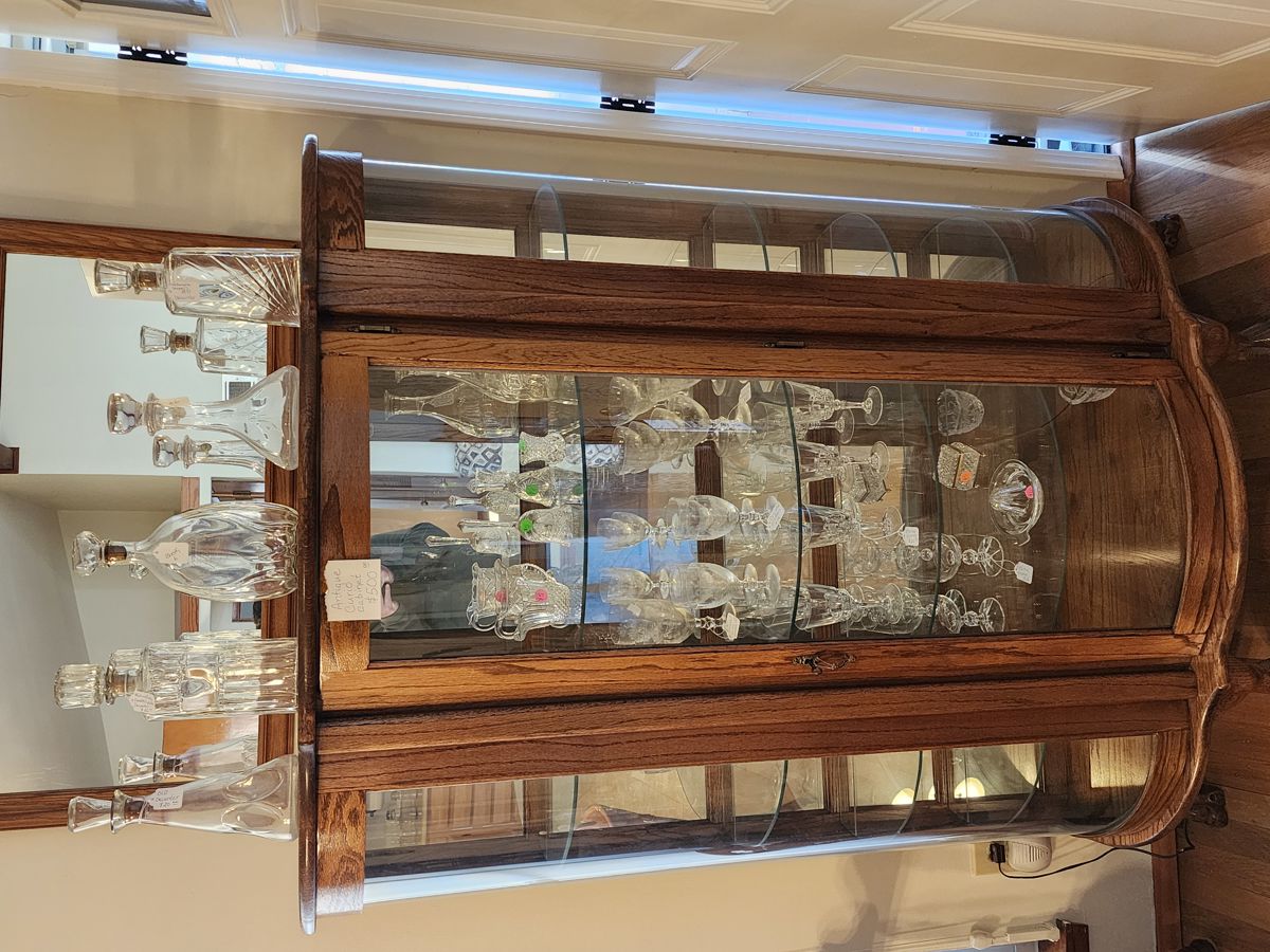 Antique Solid Oak Curio Cabinet with Curved Glass