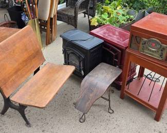 Record Player, 2 Small Portable Fireplaces, Shoe Polishing Chair, And School Desk