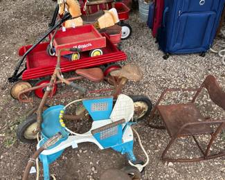 Vintage chairs, toys, bikes, wagons