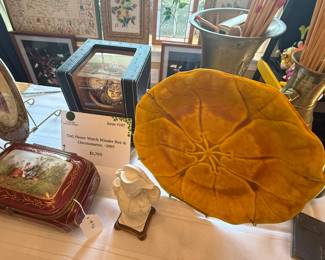 Hoi An Pottery, Napoleonic Bust, Vintage Yellow Floral Plate, Tuileries Porcelain Plate, TAG Heuer Watch Winder Box & Chronometer, Tuileries Box c. 1860, Antique Brass Patterned Vases