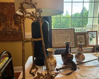 Antique Brass Cookbook Stand, Medieval-Style Tapestry, Wall Art, Stained Glass, Faience de Rouen Vases