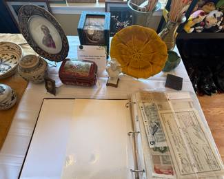 Antique Document Lot, Hoi An Pottery, Napoleonic Bust, Tuileries Porcelain Plate, TAG Heuer Watch Winder Box & Chronometer, Tuileries Box c. 1860, Antique Brass Patterned Vases