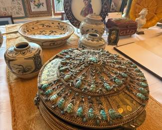 Brass Jewelry Box w/ Turquoise Scarab Decor, Hoi An Pottery, Tuileries Plate, Antique Miniature Embroidery in Art Deco Frame, Tuileries Box, Napoleonic Bust, Vintage Floral Plate,