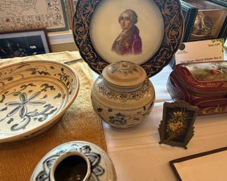 Gilt-Edge Tuileries Plate, Hoi An Pottery, Antique Miniature Embroidery w/ Art Deco Frame