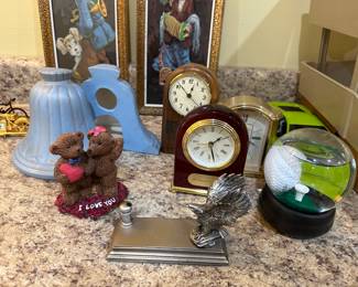 Assorted Decor -- Bears, Matching Small Paintings of Children, Clocks, Golfing Decor, Bookends, Model Car, Eagle Pen Holder