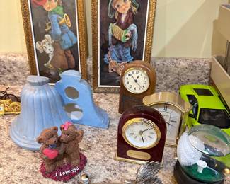 Assorted Decor -- Bears, Matching Small Paintings of Children, Clocks, Golfing Decor, Bookends, Model Car
