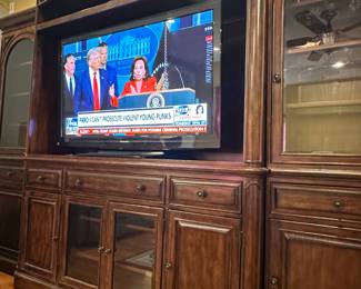 55" Panasonic Flatscreen TV Entertainment Center 89" x 70" x 24" Side Cabinets 83" x 26" x 16"