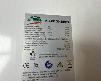 Six Amerisolar #AS-6P30-250W Solar Panels - 64.5" 39" x 1.6"