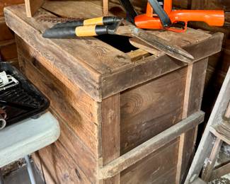 Large Vintage Wooden Transportation Crate • Electric Hedge Trimmers • Snippers