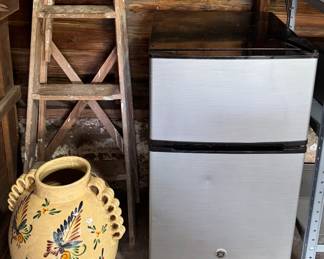 Vintage Wooden Stepladder • Large Painted Vase • Stainless Mini Fridge (Tested and WORKING!!!)