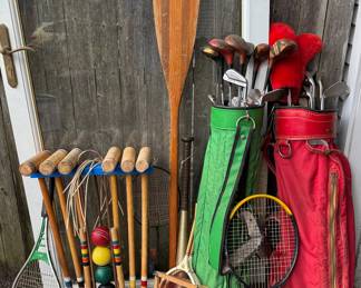 Sports Equipment - Vintage Tennis and Badminton Racquets • Vintage Golf Club Sets • Croquet Set • Nerf Gun Toy