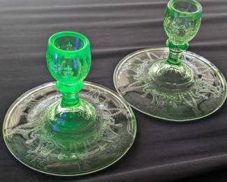 Vintage Hocking Glass Uranium Cameo Candlesticks