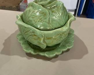 3 piece set of Holland Mold green cabbage/lettuce bowl, owl and cover