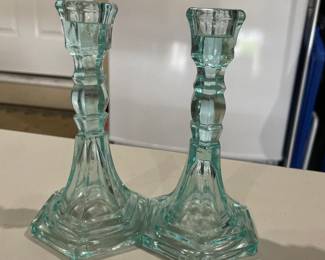 Light blue art deco candle stick holders, set. 6” high.