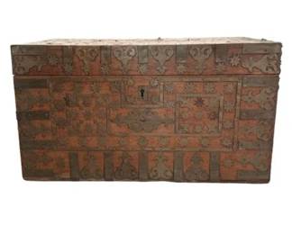 Lot 029-001
19th C. Middle Eastern Moroccan and Teak Flat Top Trunk