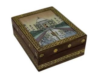 Lot 101
Vintage Taj Mahal Painted Glass Box with Brass Inlays