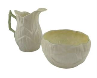Lot 153)
Vintage Belleek Ireland Lotus Pattern Creamer and Sugar with Green Detail