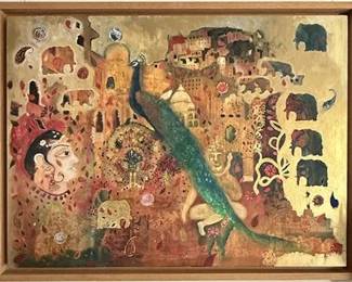 Lot 024
Mughal Indian Peacock Oil Painting