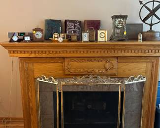 Brass Fireplace Screen and Vintage Clocks