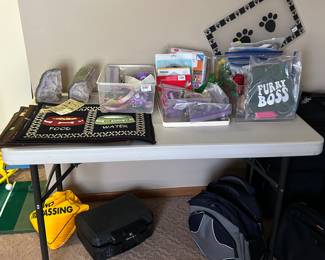 Dog Tie-Out Cords, Dog and Cat Clothing & Costumes, Collars, Leashes, and Feed/Water Mats, Most are New With Tags!