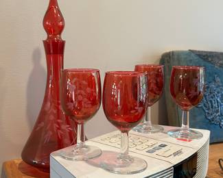 Ruby Red etched Decanter with 4 glasses