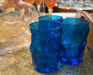 Blenko Pitcher and Blue Glassware
